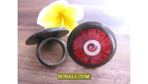 Black Wooden Ethnic Rings With Red Coral Shells 